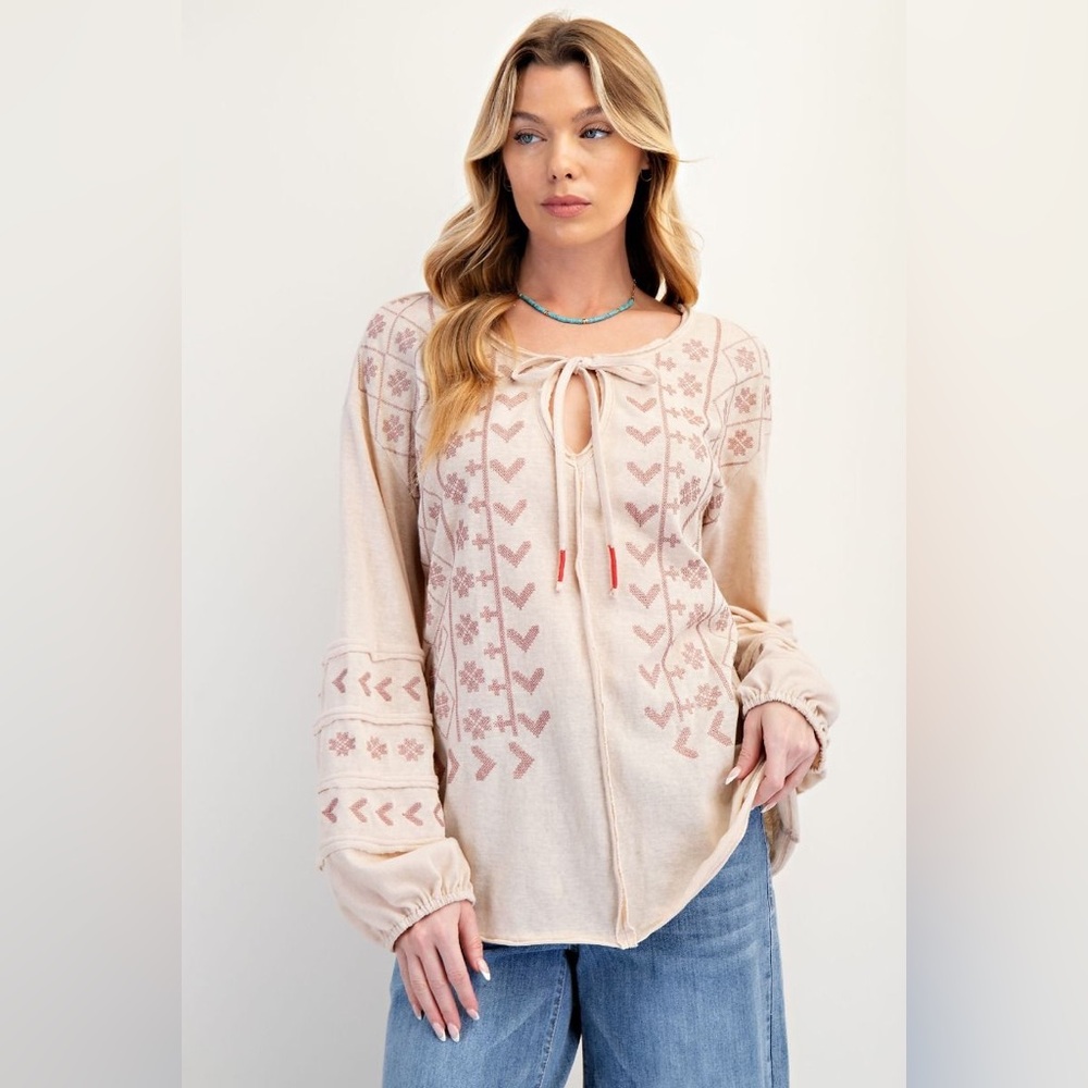 easel Blush Pink Boho Tie-Neck Embroidered Blouse